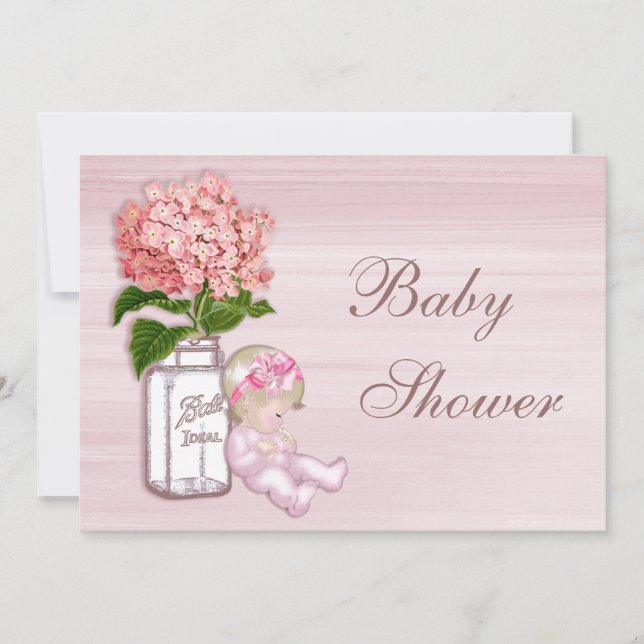 Mason Jar, Baby Girl, Pink Hydrangea Baby Shower Invitation (Front)