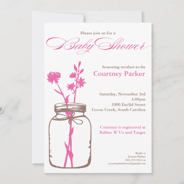 Mason Jar Baby Shower Invitation (pink) (Front)