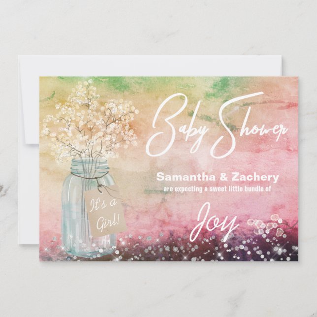 *~* Mason Jar Baby Shower Rustic Baby Breath Invitation (Front)
