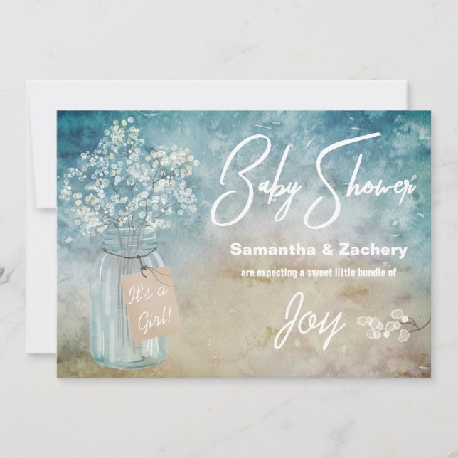 ** Mason Jar Baby's Breath Baby Shower Rustic Invitation (Front)