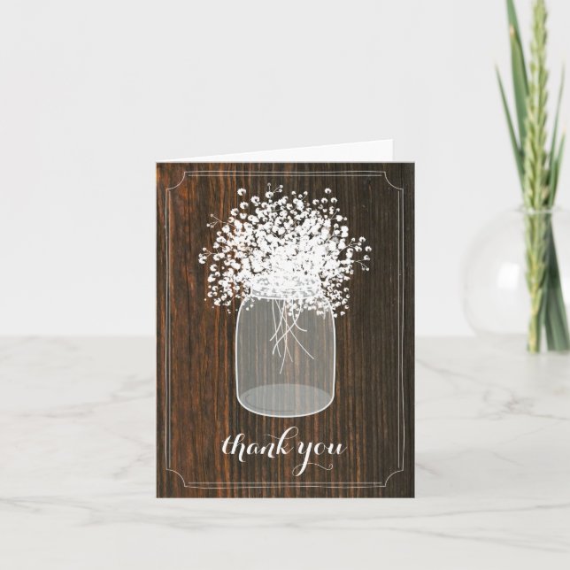 Mason Jar Baby's Breath Barn Wood Thank You Card (Front)
