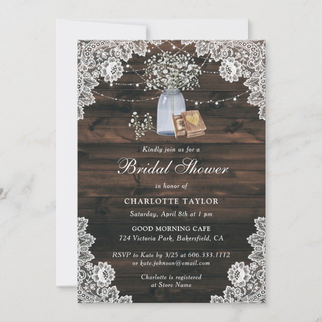 Mason Jar Baby's Breath Floral Lace Bridal Shower Invitation (Front)