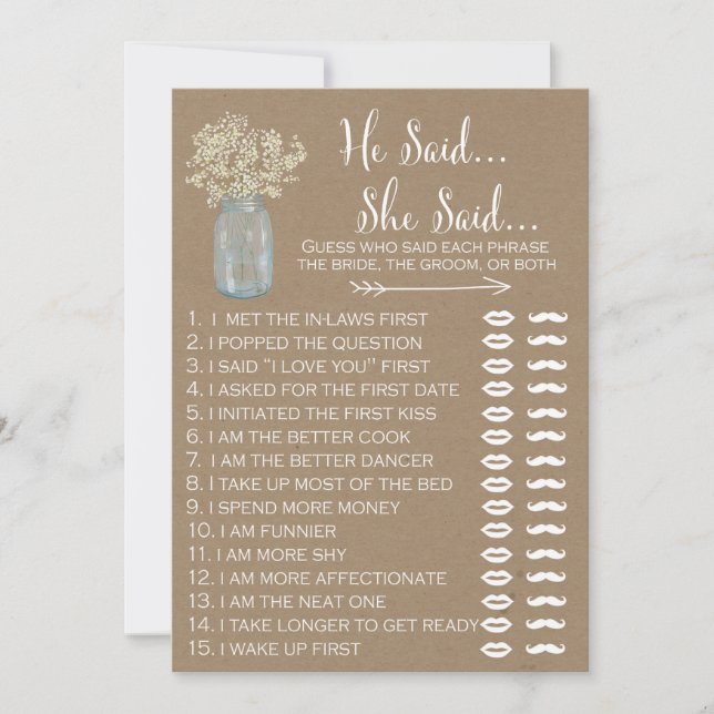 Mason Jar Baby's Breath Shower He Said She Said (Front)