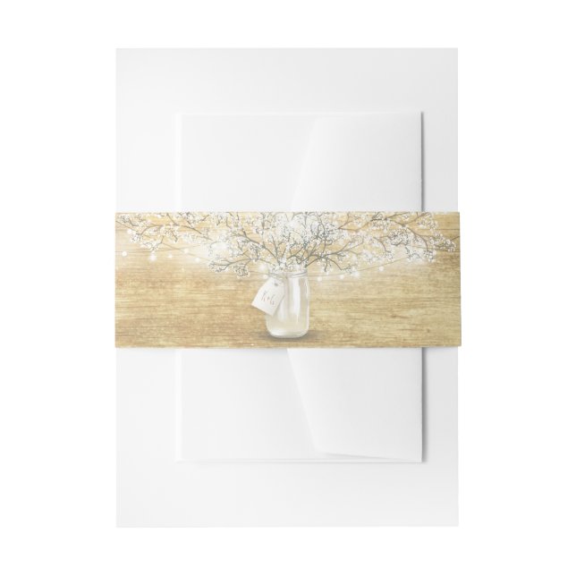 Mason Jar Baby's Breath String Lights Rustic Wood Invitation Belly Band (Front Example)