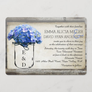 Mason Jar Barn Wood Blue Hydrangeas Wedding Invite