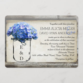 Mason Jar Barn Wood Blue Hydrangeas Wedding Invite