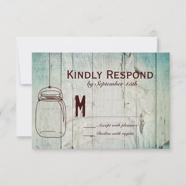 Mason Jar Barn Wood Typography Wedding RSVP Cards (Front)
