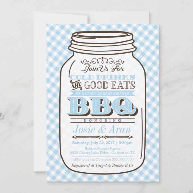 Mason Jar BBQ Invitation, Couples Baby Shower Boy Invitation (Front)