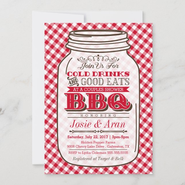 Mason Jar BBQ Invitation, Couples Shower Barbecue Invitation (Front)