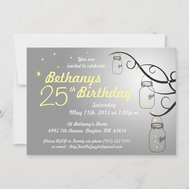 Mason Jar Birthday Invitation in Grey Silver (Front)
