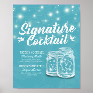 Mason Jar Blue Floral Wedding Signature Drink Menu Poster