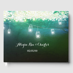 Mason Jar Blue Green Watercolor Under the Stars Guest Book