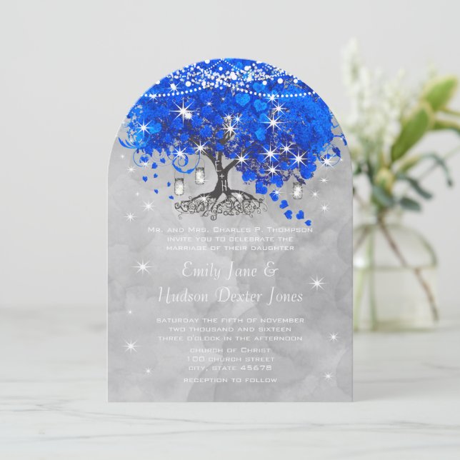 Mason Jar Blue Heart Leaf Tree Grey Watercolor Invitation (Standing Front)