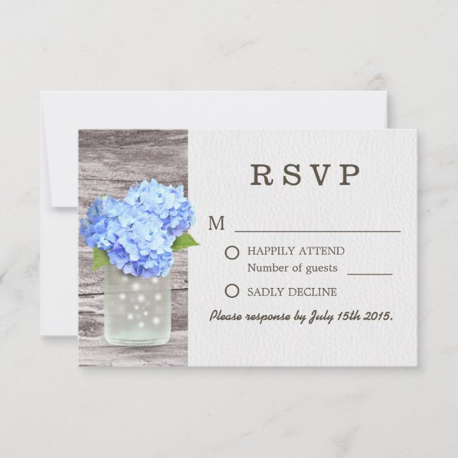 Mason Jar Blue Hydrangea Barn Wood Wedding RSVP Card (Front)