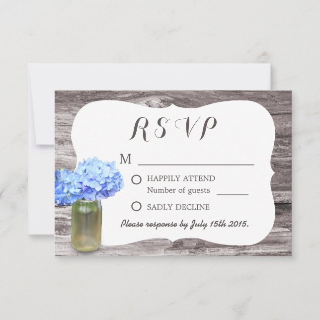 Mason Jar Blue Hydrangea Wood Wedding RSVP (Front)