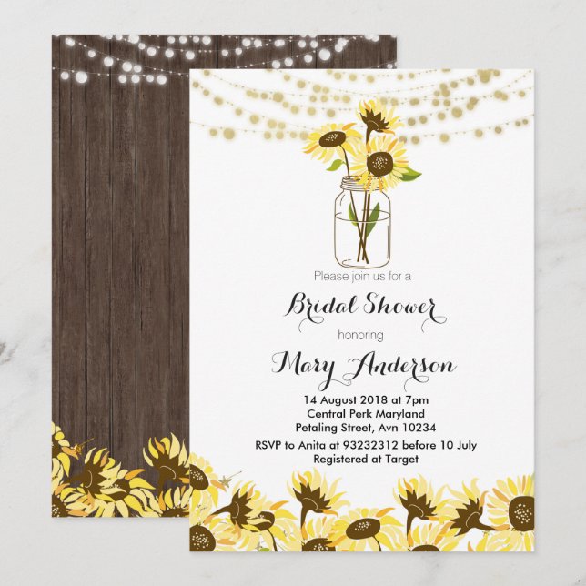 Mason Jar Bridal Shower Invitation Sunflowers (Front/Back)