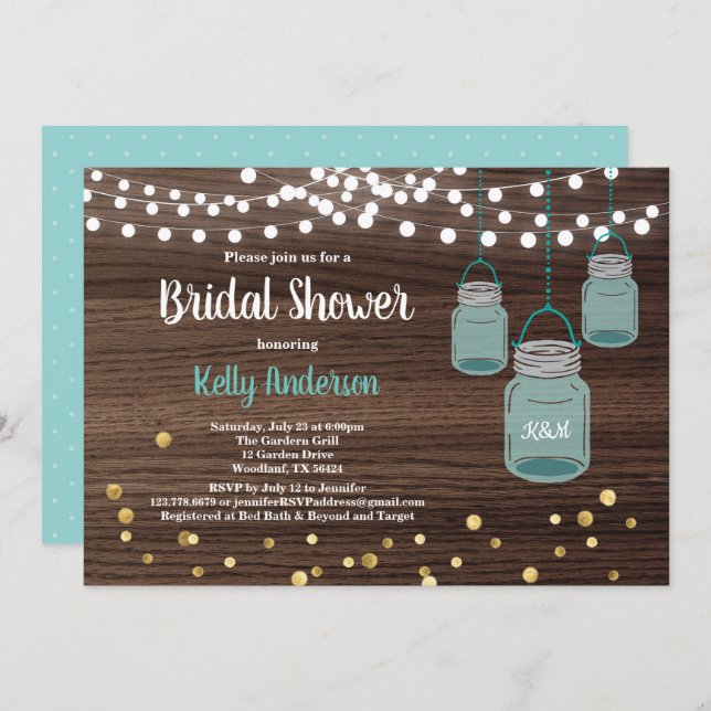 Mason Jar bridal shower invitation. Turquoise Invitation (Front/Back)
