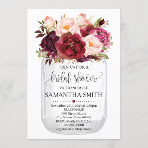Mason jar bridal shower marsala country chic invitation