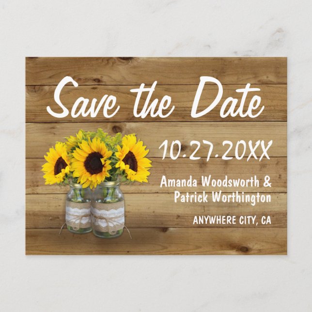Mason Jar Burlap Sunflower Wedding Save The Date Announcement Postcard (Front)