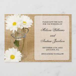 Mason Jar Burlap White Daisies Save the Date