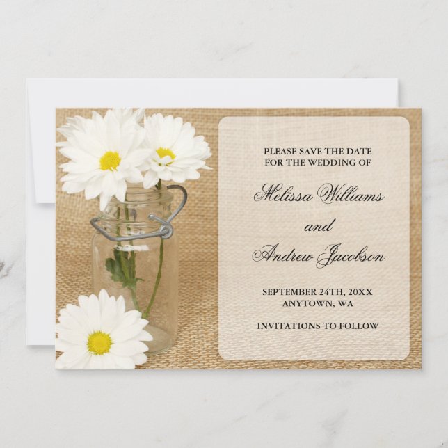 Mason Jar Burlap White Daisies Save the Date (Front)