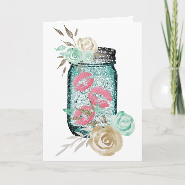 Mason jar butterfly kisses flower cute blue pink card (Front)