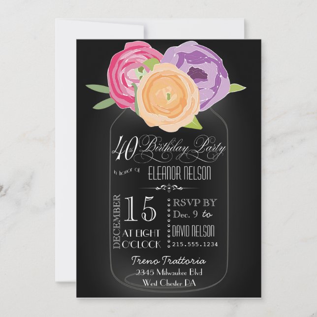 Mason Jar Chalkboard 40th Birthday Invitation (Front)