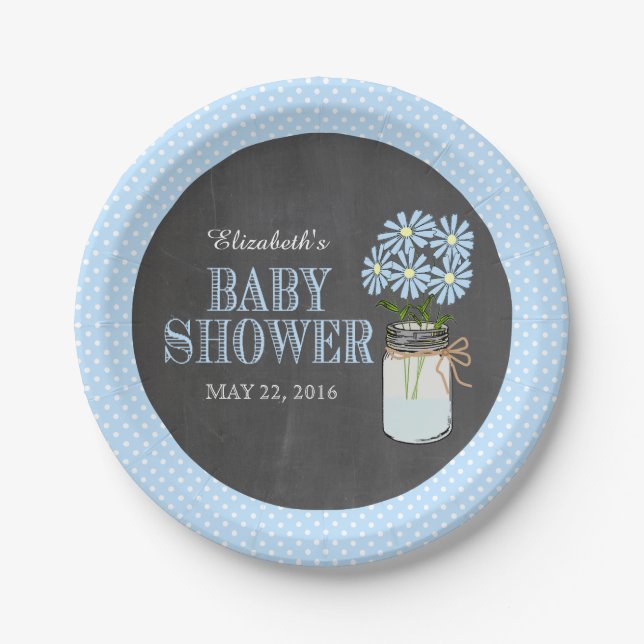 Mason Jar Chalkboard Look Blue Dots Baby Shower Paper Plate (Front)