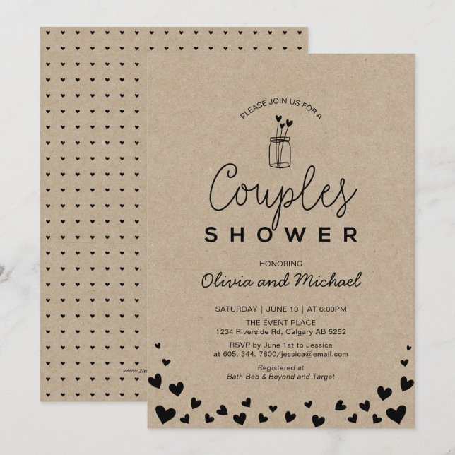 Mason Jar, Chic Kraft Black Couples Wedding Shower Invitation (Front/Back)