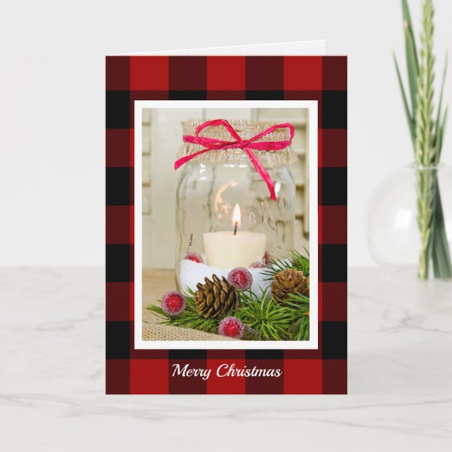 Mason Jar Christmas Candle on plaid Holiday Card (Front)
