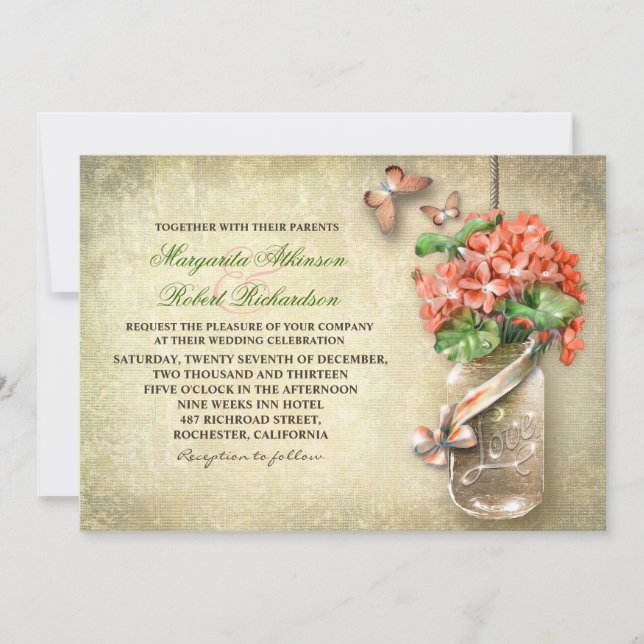 mason jar & coral flowers rustic wedding invites (Front)