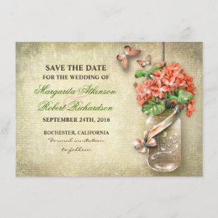 mason jar & coral flowers save the date cards
