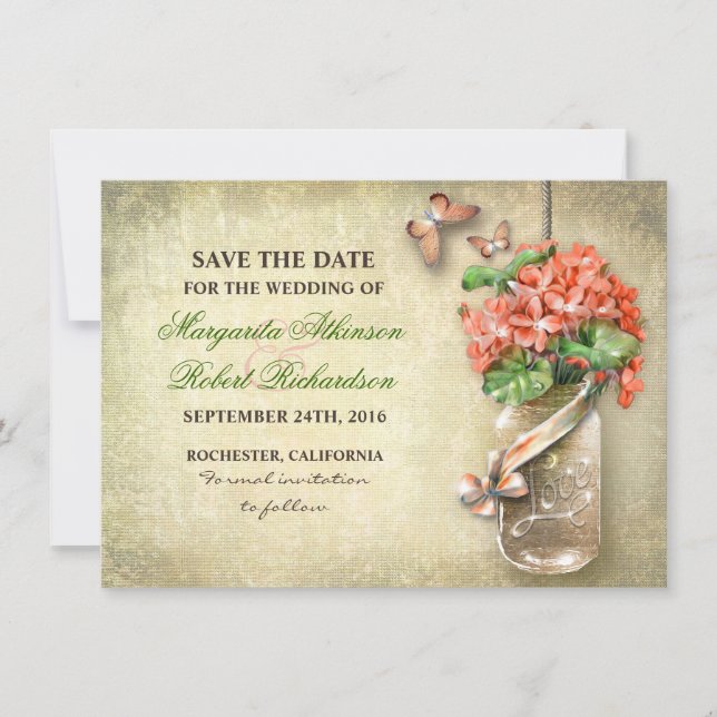 mason jar & coral flowers save the date cards (Front)