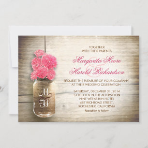 Mason jar & cute pink flowers wedding invites