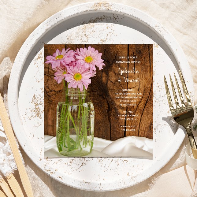 Mason Jar Daisies Country Wedding Rehearsal Dinner Invitation (Creator Uploaded)
