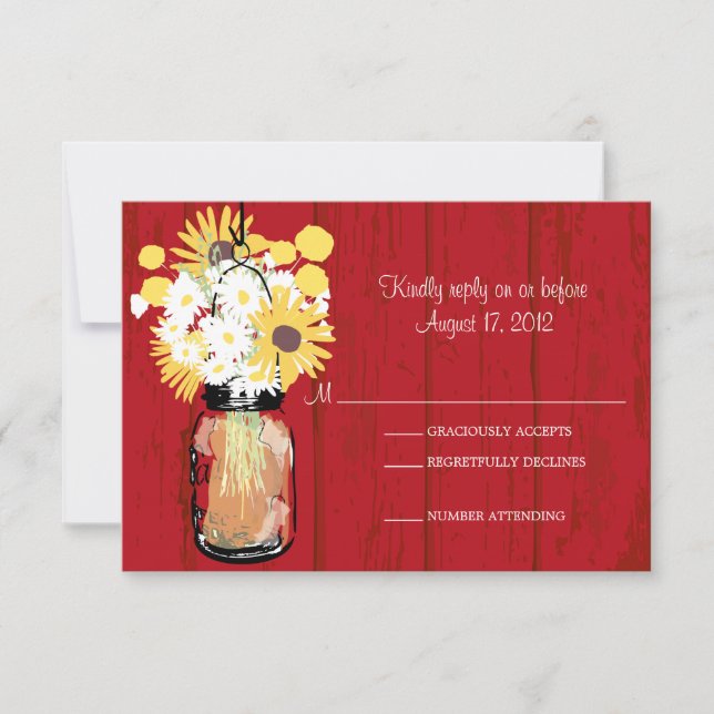 Mason Jar Daisies Sunflowers & Billy Balls  RSVP Card (Front)
