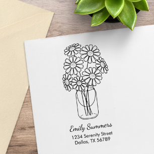 Mason Jar Daisy Flowers Address Rubber Stamp