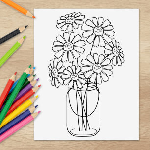 Mason Jar Daisy Flowers Colouring Page Rubber Stamp