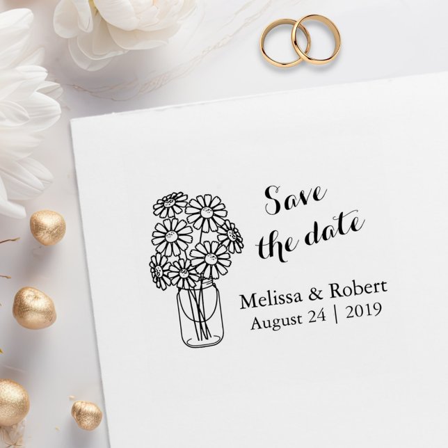 Mason Jar Daisy Flowers Save the Date Wedding Rubber Stamp (Creator Uploaded)