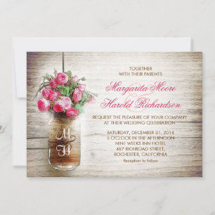 Mason jar & dark pink flowers wedding invites