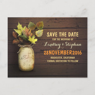 mason jar & fall leaves save the date postcard