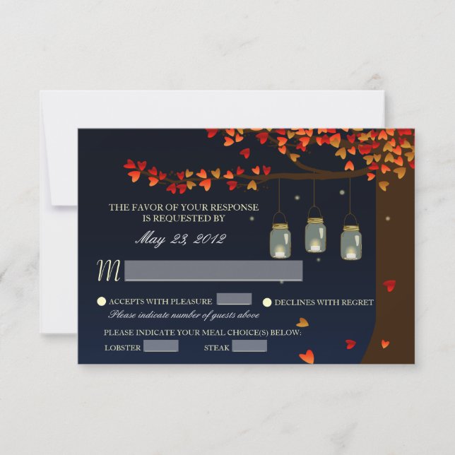 Mason Jar Fireflies Oak Tree RSVP [Meal Options] Card (Front)