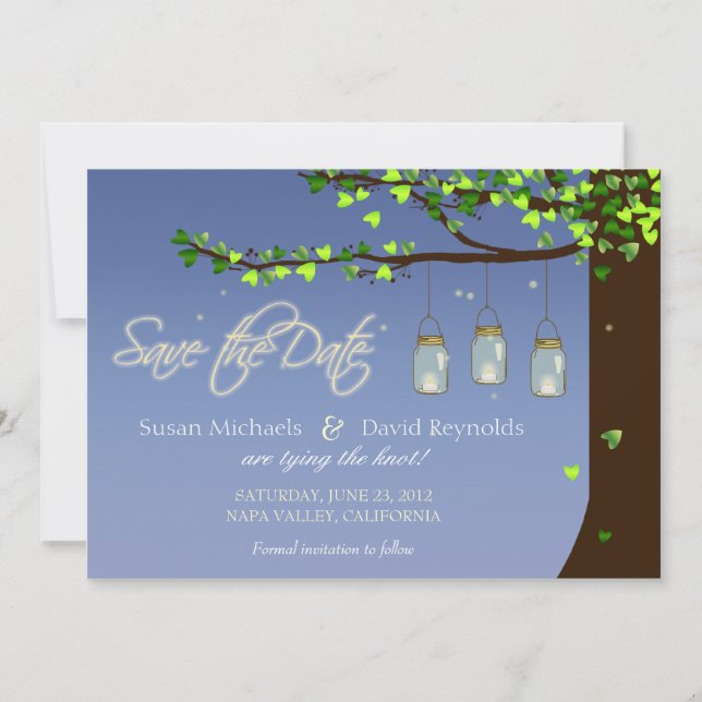 Mason Jar Fireflies Oak Tree Save the Date (Front)