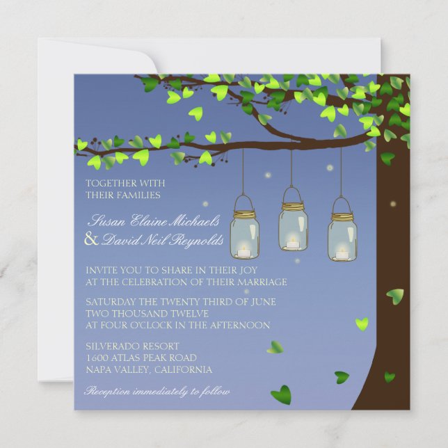 Mason Jar Fireflies Oak Tree Wedding Invite (Front)