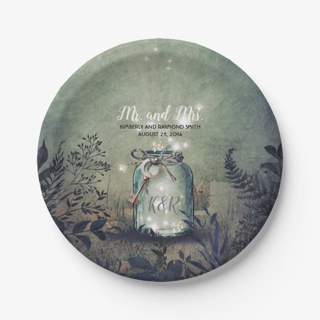 Mason Jar Fireflies Rustic Woodland Wedding Paper Plate (Front)