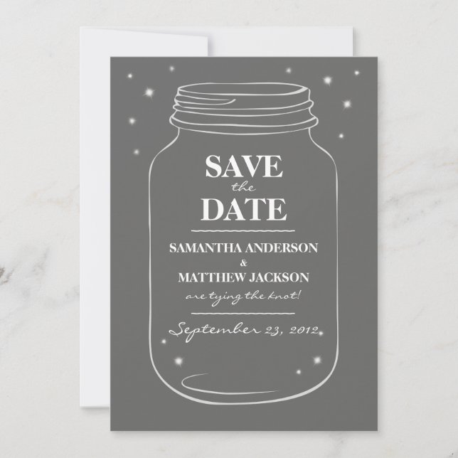 Mason Jar Fireflies Save the Date Cards - Grey (Front)