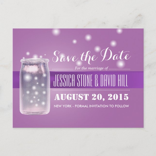 Mason Jar & Fireflies Save the Date Purple Announcement Postcard (Front)