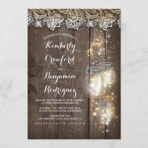 Mason Jar Firefly Lights and Lace Rustic Wedding Invitation