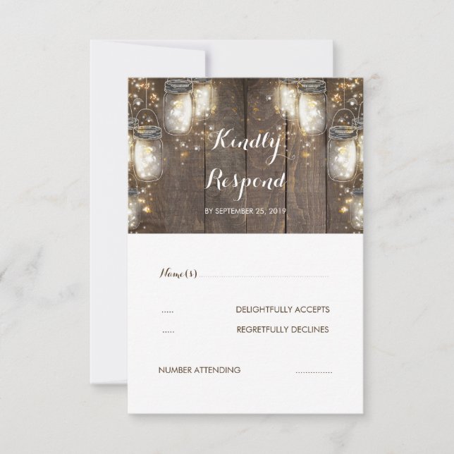 Mason Jar Firefly Lights Rustic Wedding RSVP Card (Front)