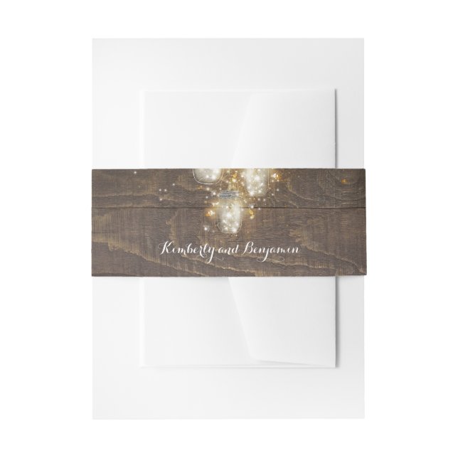 Mason Jar Firefly Lights Rustic Wood Invitation Belly Band (Front Example)